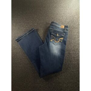 LEI Sophia Hipster Flare Jeans Dark Wash Embroidered Flap Pocket Size 15 Long